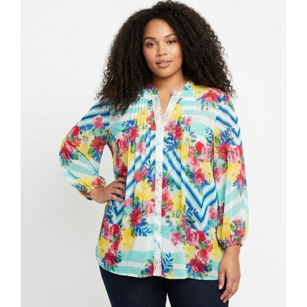 New NY Collection 3X Colorful Floral Pintuck Feminine 3/4 Sleeve Button Down